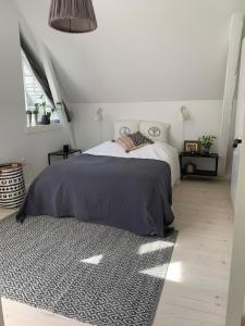 een slaapkamer met een bed en een zwart-wit tapijt bij Renovated villa with private garden in Rungsted