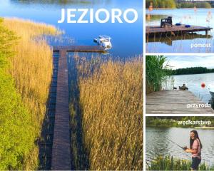 un collage de fotos con una mujer pescando en un muelle en 12 Jabłek - ośrodek wypoczynkowy na Mazurach en Nidzica