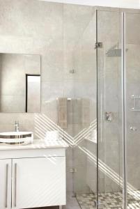 Eleven on Tumbleweed, Cathkin Estates في Champagne Valley: حمام مع دش زجاجي ومغسلة
