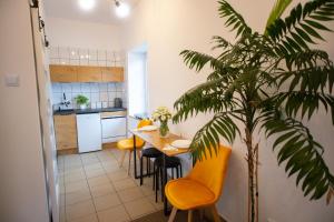 eine Küche und ein Esszimmer mit einem Tisch und einer Pflanze in der Unterkunft Miodowe Apartamenty in Miejsce