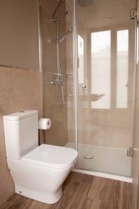 a bathroom with a toilet and a glass shower at Casa Rico de Medín in O Pino 