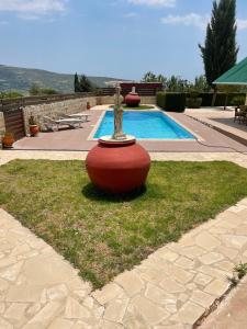 a large red vase sitting in the grass near a pool at Softades Cottage in Omodos