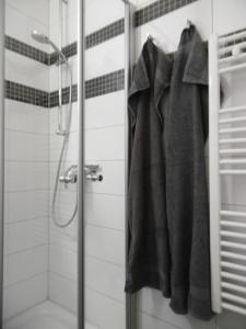 a bathroom with a shower and a towel hanging on a door at Ferienwohnung-am-Suedstrand-2 in Burgtiefe auf Fehmarn 