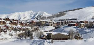 una ciudad cubierta de nieve con una montaña en el fondo en Elevation Hotel & Spa, en Mount Crested Butte