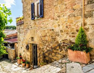 an old stone building with a door and a tree at Casa Tòrta in Monticchiello