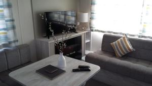 a living room with a vase of flowers on a coffee table at KINGDOM HOLIDAY PARK - Parrot in Millom
