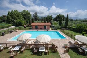 a pool with chairs and umbrellas in front of a house at Relais Villa Isabel in Pietrasanta