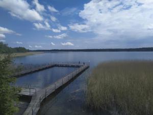 a dock in the middle of a large lake at Apartament Dąbrówno in Dąbrówno