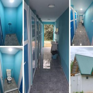 kolaż zdjęć korytarza z niebieskimi ścianami w obiekcie Camp Sutjeska w mieście Tjentište