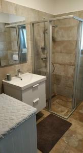 a bathroom with a shower and a sink and a shower at LAVENDER APARTMENT in Balatonboglár