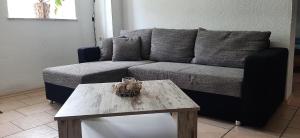 ein Wohnzimmer mit einem Sofa und einem Couchtisch in der Unterkunft  Feriendomizil Roger Wohnung 1 in Leipzig