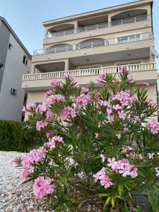 a building with pink flowers in front of it at Apartmani Divna in Neum