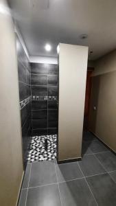 a bathroom with a shower with a glass door at Inčukalna Strops in Inčukalns