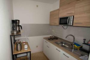 a small kitchen with a sink and a microwave at Gut und Günstig in Leipzig - zentrumsnah - inkl Fahrräder, Netflix und Tiefgaragenstellplatz in Leipzig