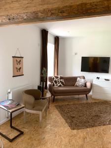 uma sala de estar com um sofá e uma televisão em Le Domaine em La Chapelle-de-Guinchay