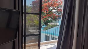 una ventana con vistas a la piscina en Cozy room at just steps from the beach and in town center, en Sosúa