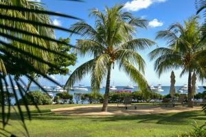 a park with palm trees and boats in the water at Latitude - with private plunge pool in Rivière Noire