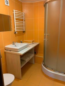 un baño con lavabo y ducha en Вежа, en Bukovel 29 fotos más