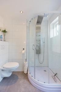 een badkamer met een glazen douche en een toilet bij Holiday Home Oostkapelle in Oostkapelle