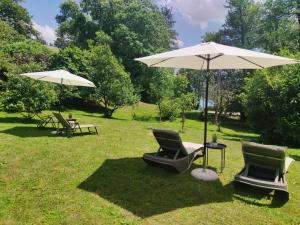 zwei Stühle und ein Regenschirm im Gras in der Unterkunft Lake House Sebanc in Bled