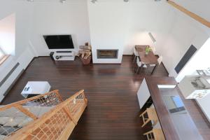 una vista aérea de una sala de estar con suelo de madera y TV en Loft Apartmán Šumava, en Sušice