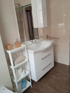 a white bathroom with a sink and a mirror at Gästewohnung OC in Oschersleben