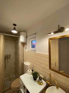 a bathroom with a sink and a toilet and a mirror at Little Boho-Chic in Constanţa +22 photos
