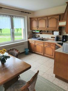 una cocina con armarios de madera y una mesa con sillas. en Ferienhaus-Naturblick, en Berndorf