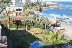 Blick auf einen Strand mit Palmen und das Meer in der Unterkunft LUBINA DEL SOL in Mijas Costa
