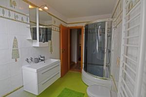 ein Badezimmer mit einem weißen Waschbecken und einer Dusche in der Unterkunft VIP Apartmany Besenova in Bešeňová + 37 Fotos
