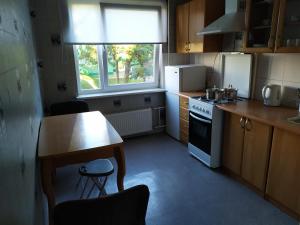 cocina pequeña con mesa y fogones en Inzenieru 95 Apartments ., en Ventspils