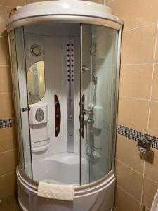 a shower with a glass door in a bathroom at Apartman Luka in Vrnjačka Banja