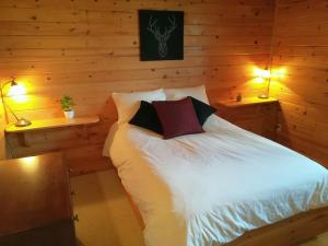 a bedroom with a white bed with two lamps at Auberge Ma Maison in Sainte-Melanie