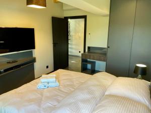 Un pat sau paturi într-o cameră la Apartament LUX Ustroń