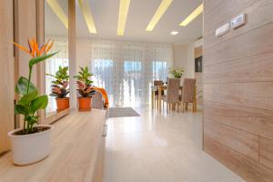 a living room with plants and a dining room at ILLÉS Apartmanok III. in Hajdúszoboszló