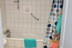 a bathroom with a bath tub with a blue shower curtain at Gite de l'ancien Moulin in Le Val-dʼAjol