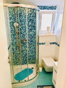 a bathroom with a shower and a toilet at Apartments Paola in Makarska