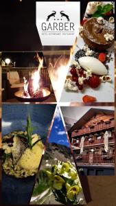 a collage of four pictures of food and a fire at Hotel/ App. Garber in San Giacomo