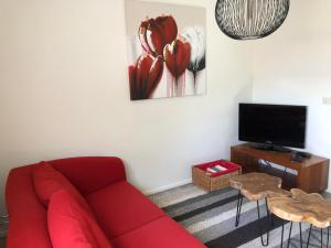 sala de estar con sofá rojo y TV de pantalla plana en Gastenverblijf Eichhorn, en Schijf