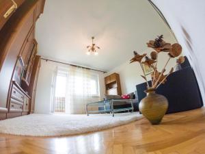 a living room with a vase with flowers in it at Apartments Vesna in Slunj +40 photos