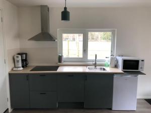 a kitchen with a sink and a microwave at Gastenverblijf Eichhorn in Schijf