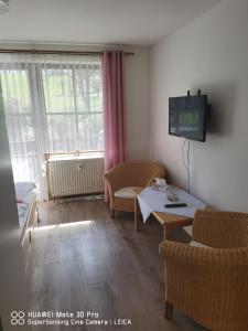 a living room with a table and chairs and a television at Aparthotel Chrysantihof - Bayerische Wald-Weber in Zwiesel