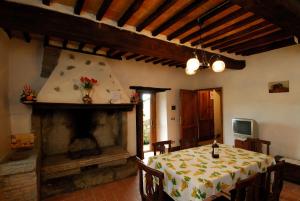ein Esszimmer mit einem Tisch und einem Kamin in der Unterkunft A stay surrounded by greenery - Agriturismo La Piaggia -app 3 guests in Vivo dʼOrcia