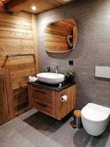 a bathroom with a sink and a toilet at Chalet les Ecureuils Apartment Penthouse Suite in Crésuz