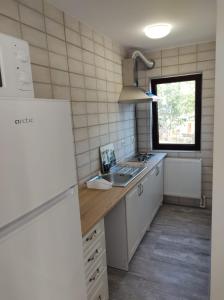 una pequeña cocina con fregadero y ventana en Casa Jolie, en Constanţa
