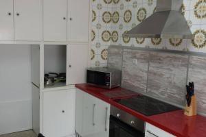 a kitchen with a microwave and a red counter top at APARTAMENTOS CAMPOMANES in Campomanes
