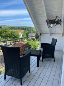 une terrasse couverte avec des chaises, une table et une plante en pot dans l'établissement Ferienwohnung Nova, à Tholey