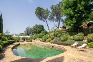 una piscina en un patio paisajista con 2 sillas en Villa la Corte, en Fattoria Montecchio