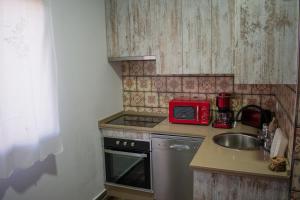 una pequeña cocina con fregadero y microondas rojo en Apartamentos Cerezo, en La Codosera