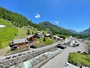 a town in a mountain with a river and buildings at Walsertal Residence in Gressoney-la-Trinité